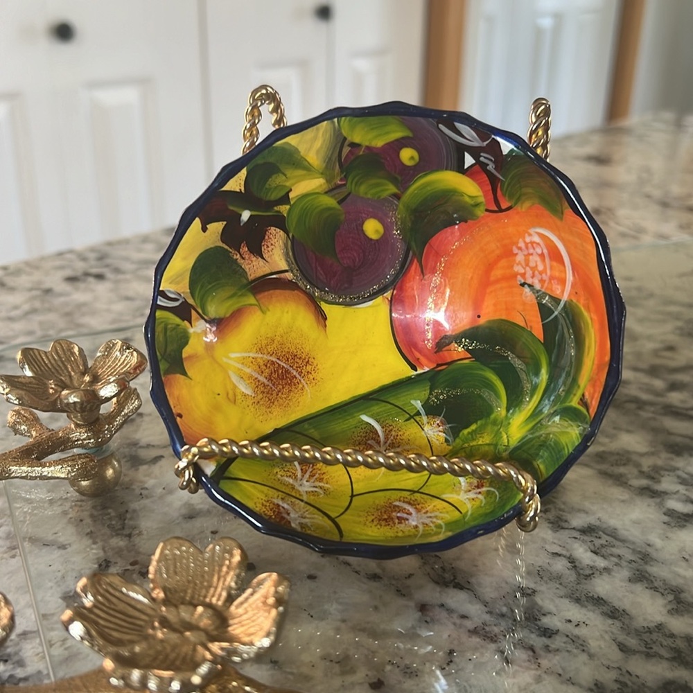 Hand Painted Fruit Footed Mexican Talavera Pottery Bowl Dish Handmade